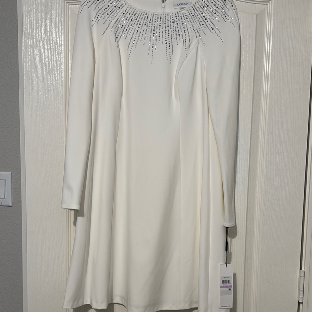 NWT Calvin Klein White Dress with Embellished Rhinestone Neckline